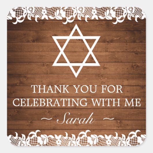 Rustikales Holz und weiße Spitzen Bar Bat Mitzvah Quadratischer Aufkleber (Vorderseite)