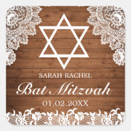 Rustikales Holz und weiße Spitzen Bar Bat Mitzvah Quadratischer Aufkleber