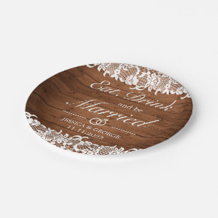 Rustikales Holz und weiße Spitzen essen Drink Verh Pappteller