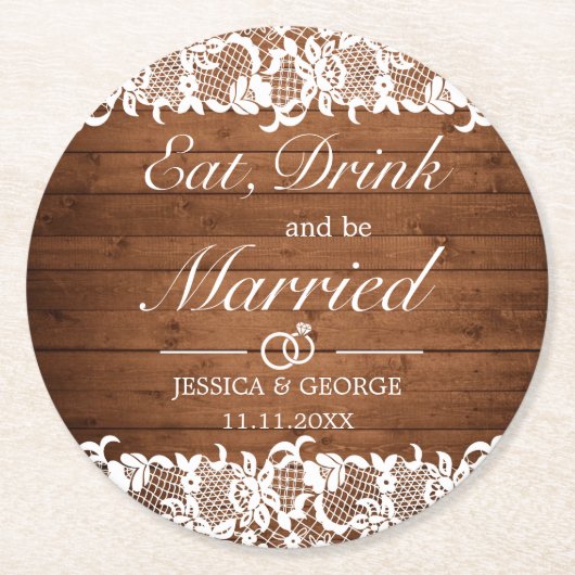 Rustikales Holz und weiße Spitzen essen Drink Verh Runder Pappuntersetzer (Vorderseite)