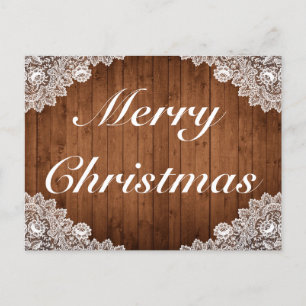 Rustikales Holz und weiße Spitzen Frohe Weihnachts Ankündigungspostkarte