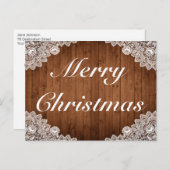 Rustikales Holz und weiße Spitzen Frohe Weihnachts Ankündigungspostkarte (Vorne/Hinten)