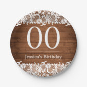 Rustikales Holz und weiße Spitzen glücklich zum Ge Pappteller (Vorderseite)