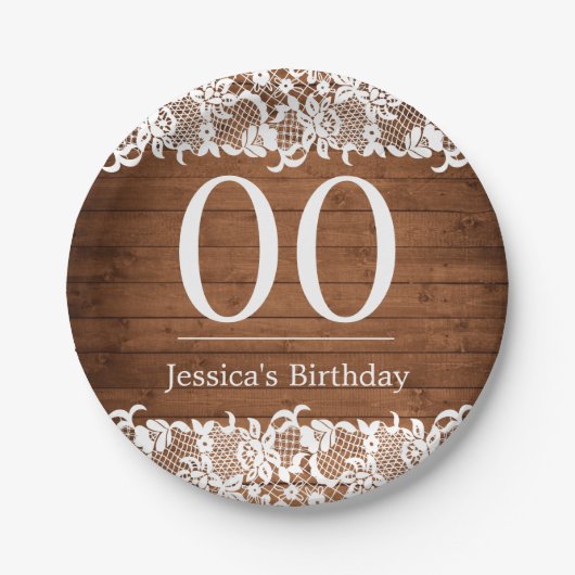 Rustikales Holz und weiße Spitzen glücklich zum Ge Pappteller (Vorderseite)