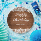 Rustikales Holz und weiße Spitzen glücklich zum Ge Pappteller (Party)