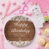 Rustikales Holz und weiße Spitzen glücklich zum Ge Pappteller (Party)