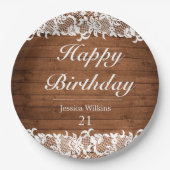 Rustikales Holz und weiße Spitzen glücklich zum Ge Pappteller (Vorderseite)