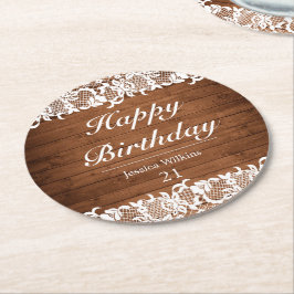 Rustikales Holz und weiße Spitzen glücklich zum Ge Runder Pappuntersetzer