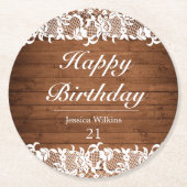 Rustikales Holz und weiße Spitzen glücklich zum Ge Runder Pappuntersetzer (Vorderseite)