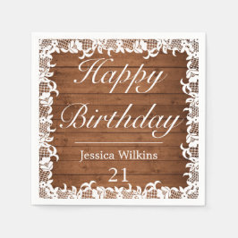 Rustikales Holz und weiße Spitzen glücklich zum Ge Serviette