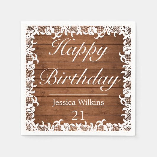 Rustikales Holz und weiße Spitzen glücklich zum Ge Serviette (Vorderseite)