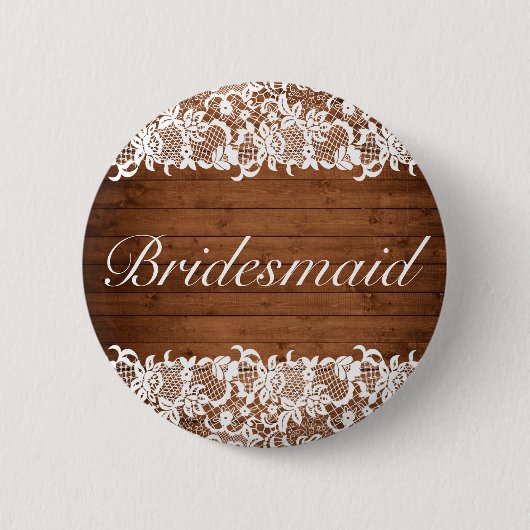 Rustikales Holz und weiße Spitzen Hochzeitstil Button (Vorderseite)