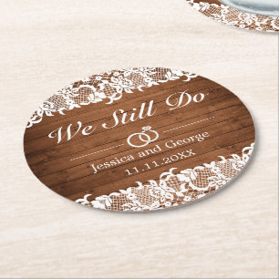 Rustikales Holz und weiße Spitzen Runder Pappuntersetzer