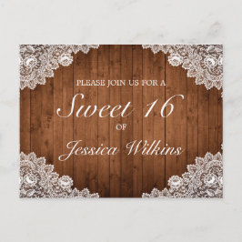 Rustikales Holz und weiße Spitzen Süß 16 Ankündigungspostkarte