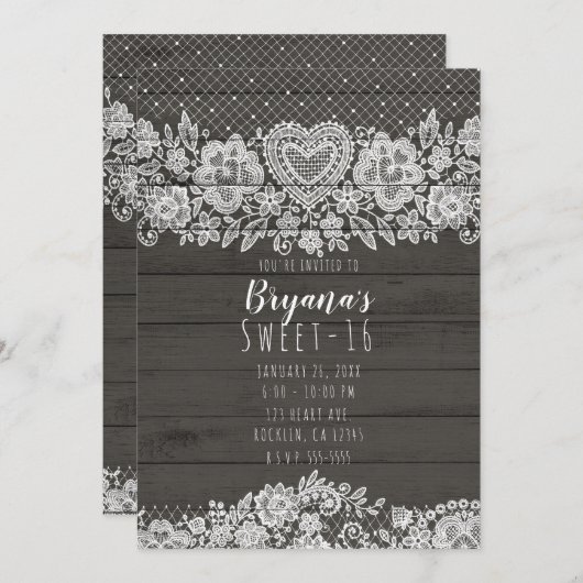Rustikales Holz und weiße Spitzen Sweet 16 Geburts Einladung (Vorne/Hinten)