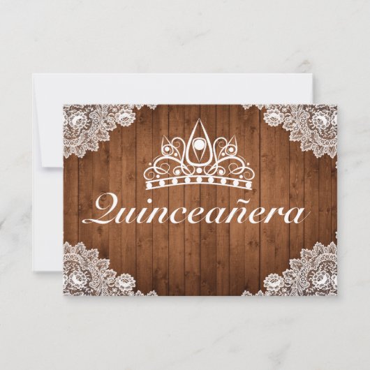 Rustikales Holz und weiße Spitzen Tiara Qinceanera RSVP Karte (Vorderseite)