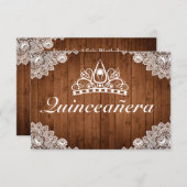 Rustikales Holz und weiße Spitzen Tiara Qinceanera RSVP Karte (Vorne/Hinten)