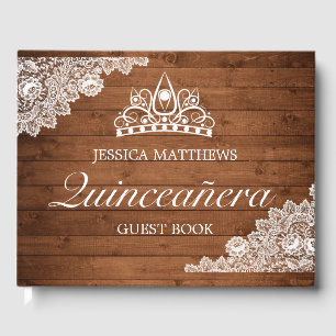 Rustikales Holz und weiße Spitzen Tiara Quinceañer Gästebuch