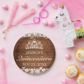Rustikales Holz und weiße Spitzen Tiara Quinceañer Pappteller (Party)
