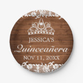 Rustikales Holz und weiße Spitzen Tiara Quinceañer Pappteller (Vorderseite)