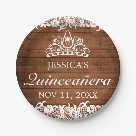 Rustikales Holz und weiße Spitzen Tiara Quinceañer Pappteller (Vorderseite)