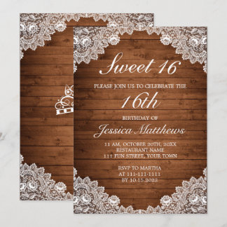 Rustikales Holz und weiße Spitzen Tiara Sweet 16 Einladung