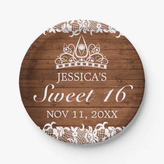 Rustikales Holz und weiße Spitzen Tiara Sweet 16 Pappteller (Vorderseite)
