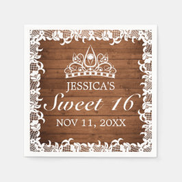 Rustikales Holz und weiße Spitzen Tiara Sweet 16 Serviette