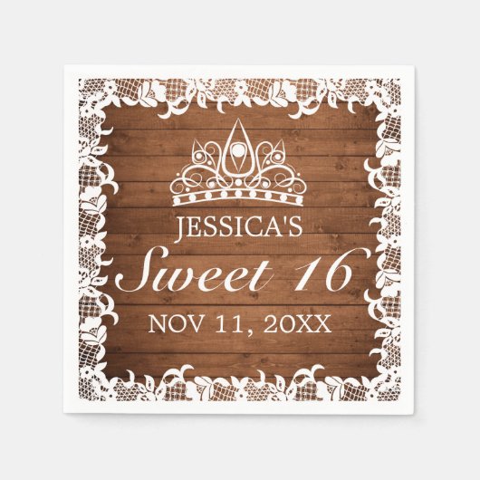 Rustikales Holz und weiße Spitzen Tiara Sweet 16 Serviette (Vorderseite)