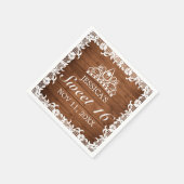 Rustikales Holz und weiße Spitzen Tiara Sweet 16 Serviette (Ecke)