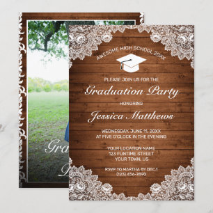 Rustikales Holz und Weißspitzen Foto Abschluss Einladung