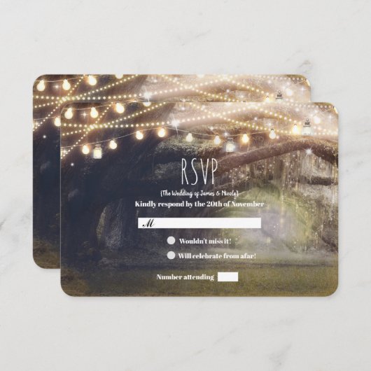 Rustikales Holz verzauberte Waldlichter Hochzeit R RSVP Karte (Vorne/Hinten)