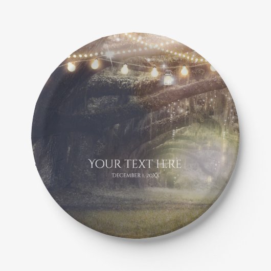 Rustikales Holz verzauberter Wald & Lichter Hochze Pappteller (Vorderseite)