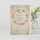 Rustikales Holz, Vintage Spitzen- und Blumenzeremo Einladung (Stehend Vorderseite)