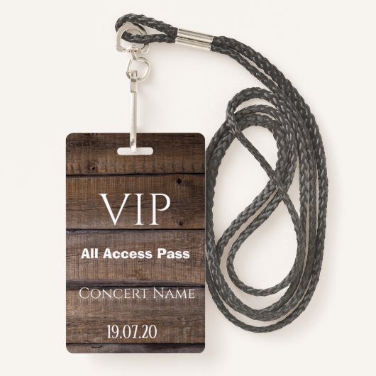Rustikales Holz VIP All Access Pass Konzert Abzeic Ausweis (Vorderseite mit Schlüsselband)