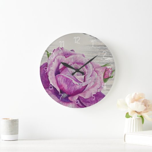 Rustikales Holz Wasserfarbe Lila Rose Große Wanduhr (Zuhause)