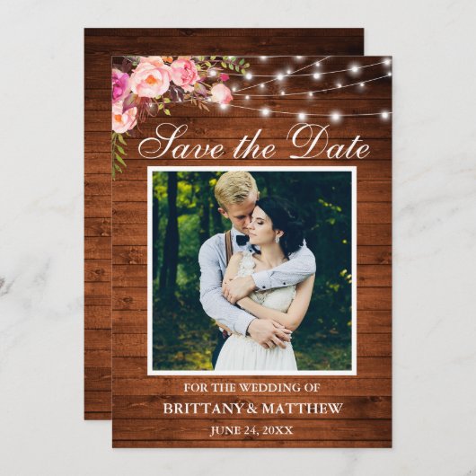 Rustikales Holz Wasserfarbe Rosa Blumenleuchten Save The Date (Vorne/Hinten)