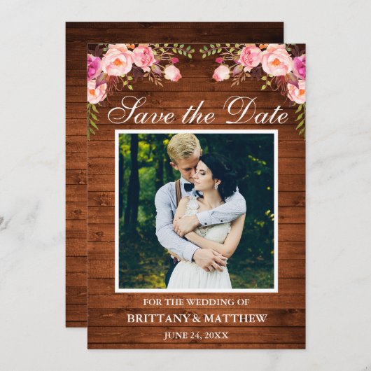 Rustikales Holz Wasserfarbe Rosa Foto Save The Date (Vorne/Hinten)