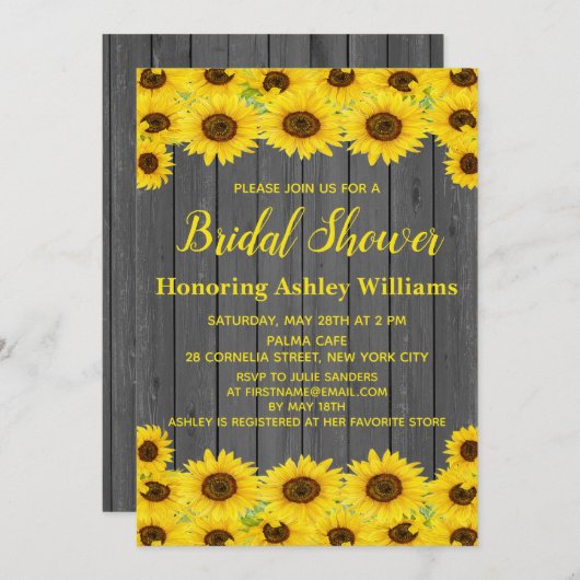 Rustikales Holz Wasserfarbe Sonnenblumen Brautpart Einladung (Vorne/Hinten)