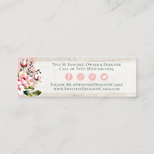 Rustikales Holz Wasserfarben Blumengebäck Mini Visitenkarte (Rückseite)