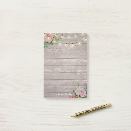 Rustikales Holz Wasserfarbene Blüte Elegante Stran Post-it Klebezettel (Auf Schreibtisch)