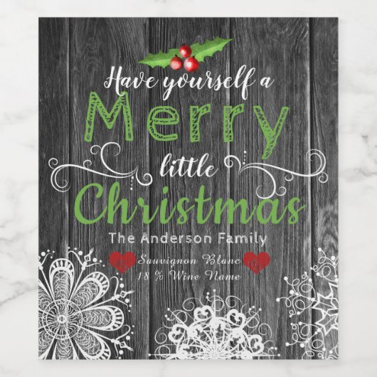 Rustikales Holz | Weihnachten Mistletoe & Schneefl Weinetikett (Einzelnes Label)