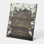 Rustikales Holz Weiße Blütengoldkalligraphie Extra Sockelschild (Vorderseite)