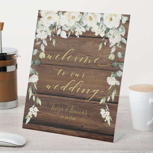 Rustikales Holz Weiße Blütengoldkalligraphie Extra Sockelschild (In Situ)