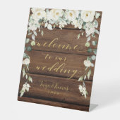 Rustikales Holz Weiße Blütengoldkalligraphie Extra Sockelschild (Vorderseite)