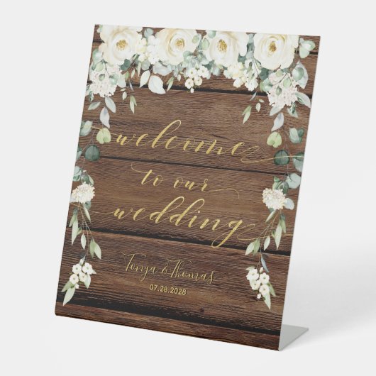 Rustikales Holz Weiße Blütengoldkalligraphie Extra Sockelschild (Vorderseite)