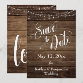 Rustikales Holz, Weiße Leuchten und Schrift, Save The Date (Vorne/Hinten)