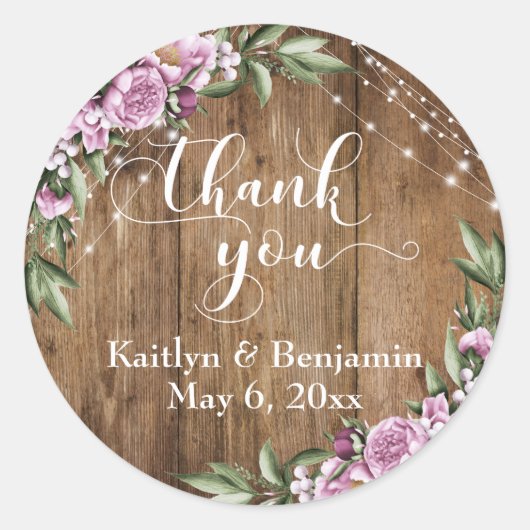 Rustikales Holz, weiße Lichter, Blume Danke Runder Aufkleber (Vorderseite)