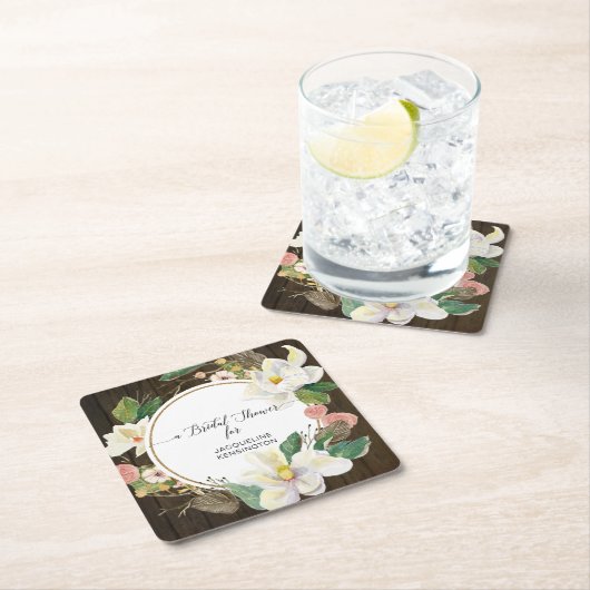 Rustikales Holz Weiße Magnolien Wasserfarbenfroh Rechteckiger Pappuntersetzer (Vor Ort)