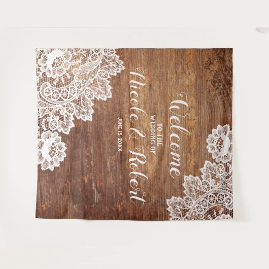 Rustikales Holz weiße Spitze Hochzeitsfoto Stand H Wandteppich (Vorderseite (Horizontal))